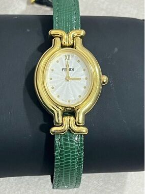 Fendi Gold-Tone Oval Case Watch with Green Leather Strap